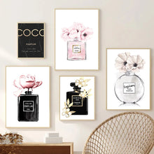 Load image into Gallery viewer, Coco Chanel Pink Floral Perfume Bottle Wall Print
