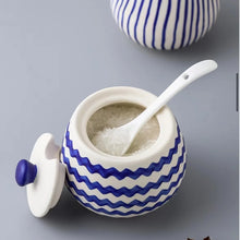 Load image into Gallery viewer, Blue &amp; White Ceramic Sugar Jar With Lid &amp; Spoon
