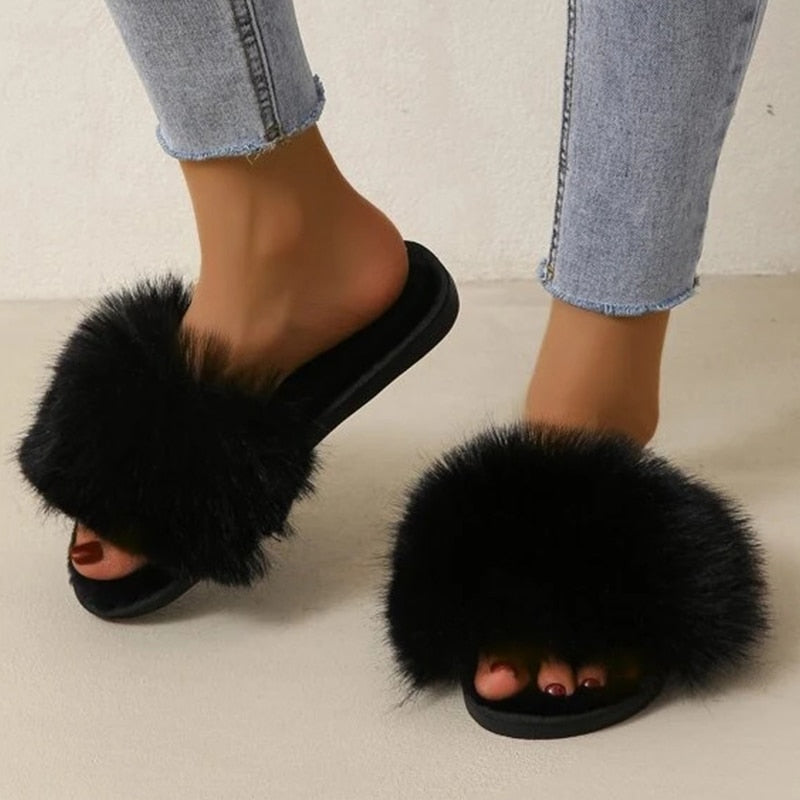 Fuzzy slippers black clearance
