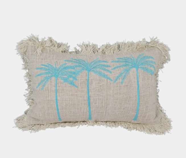 Rectangle Aqua Palm Tree Cushion With Tassels
