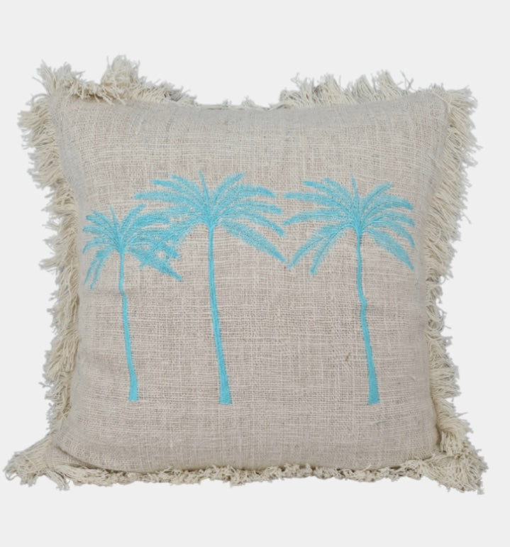 Aqua Palm Tree Cushion With Tassels