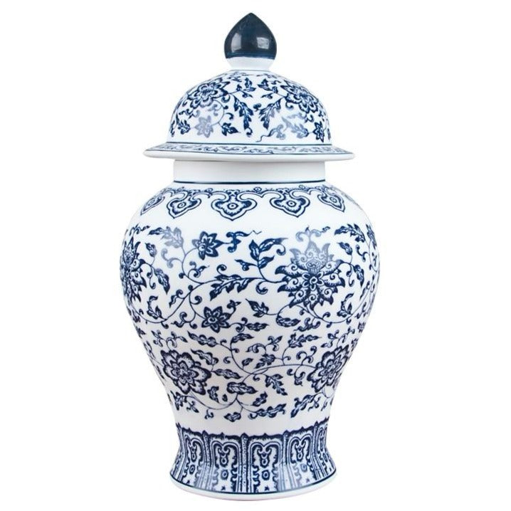 Scrolling Vine Porcelain Blue White Jar & Vase