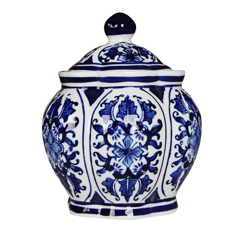 Hand Painted Deep Blue & White Scalloped Porcelain Jar